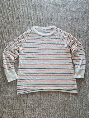 LNA White And Multi Colored Striped Brushed Crewneck Split Hem Sweater Size M